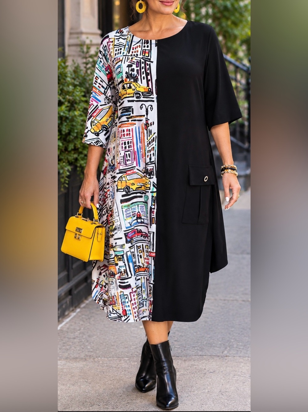 Joseph Ribkoff Black & Multi-Color Dress. City Print Playful and comfortable!